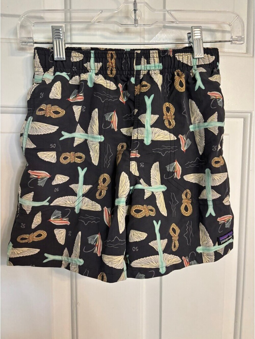 Patagonia Kids Baggies Shorts Size L 12 Fly Fishing Fish Print